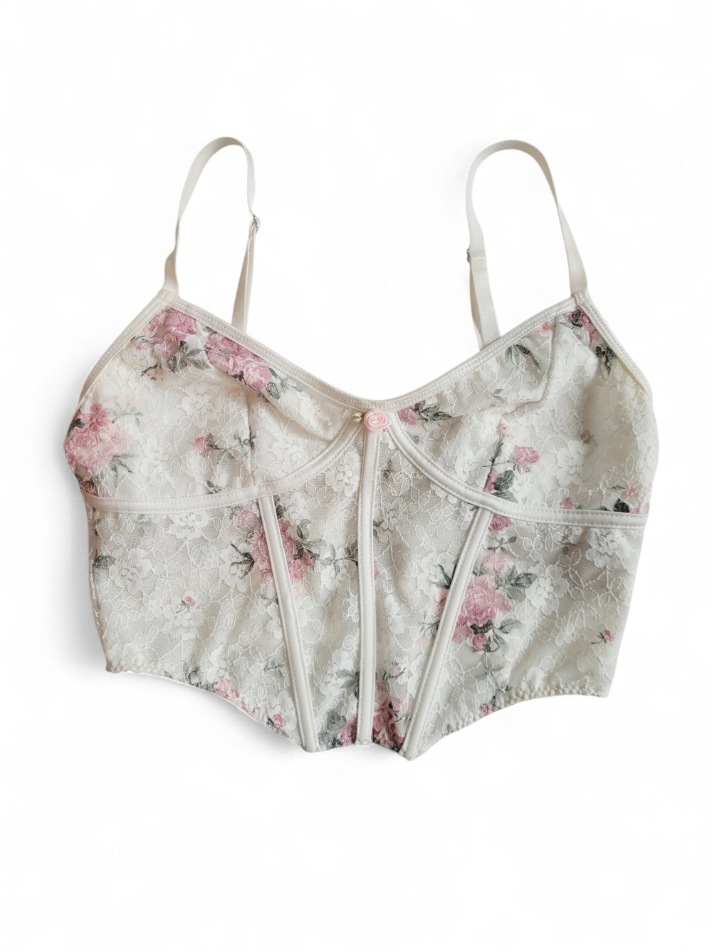 Roses Print Lace Bustier Floral White with Pink  Corset Feminine